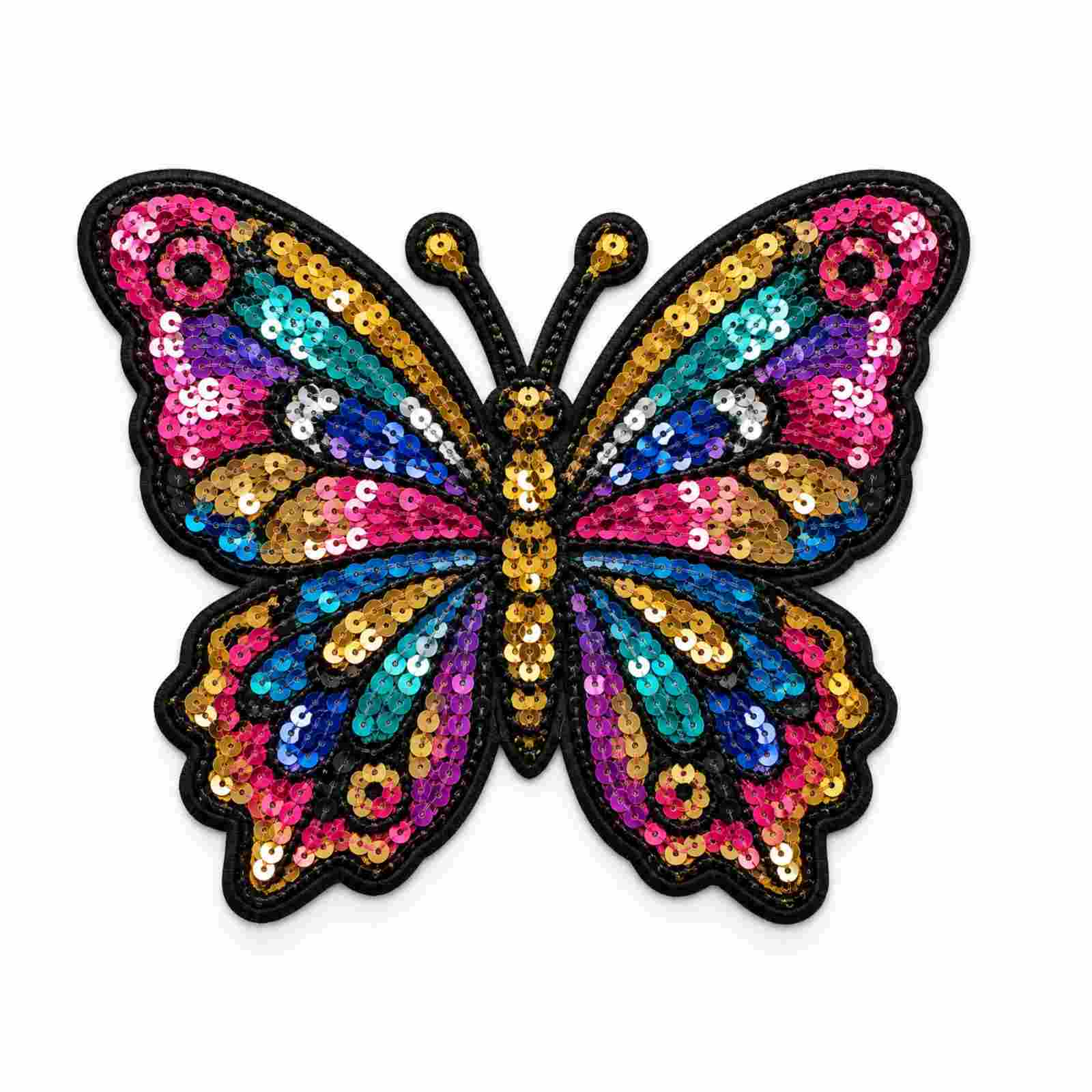 Custom embroidered colorful sequin butterfly patch with black stitched border