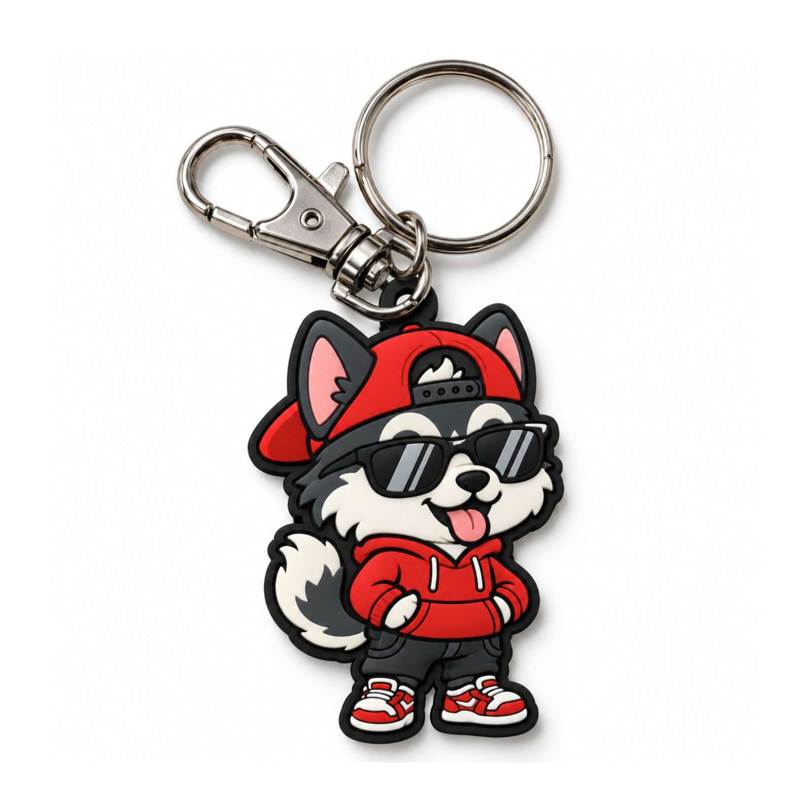 Custom PVC husky dog mascot keychain wearing red hoodie and sunglasses
