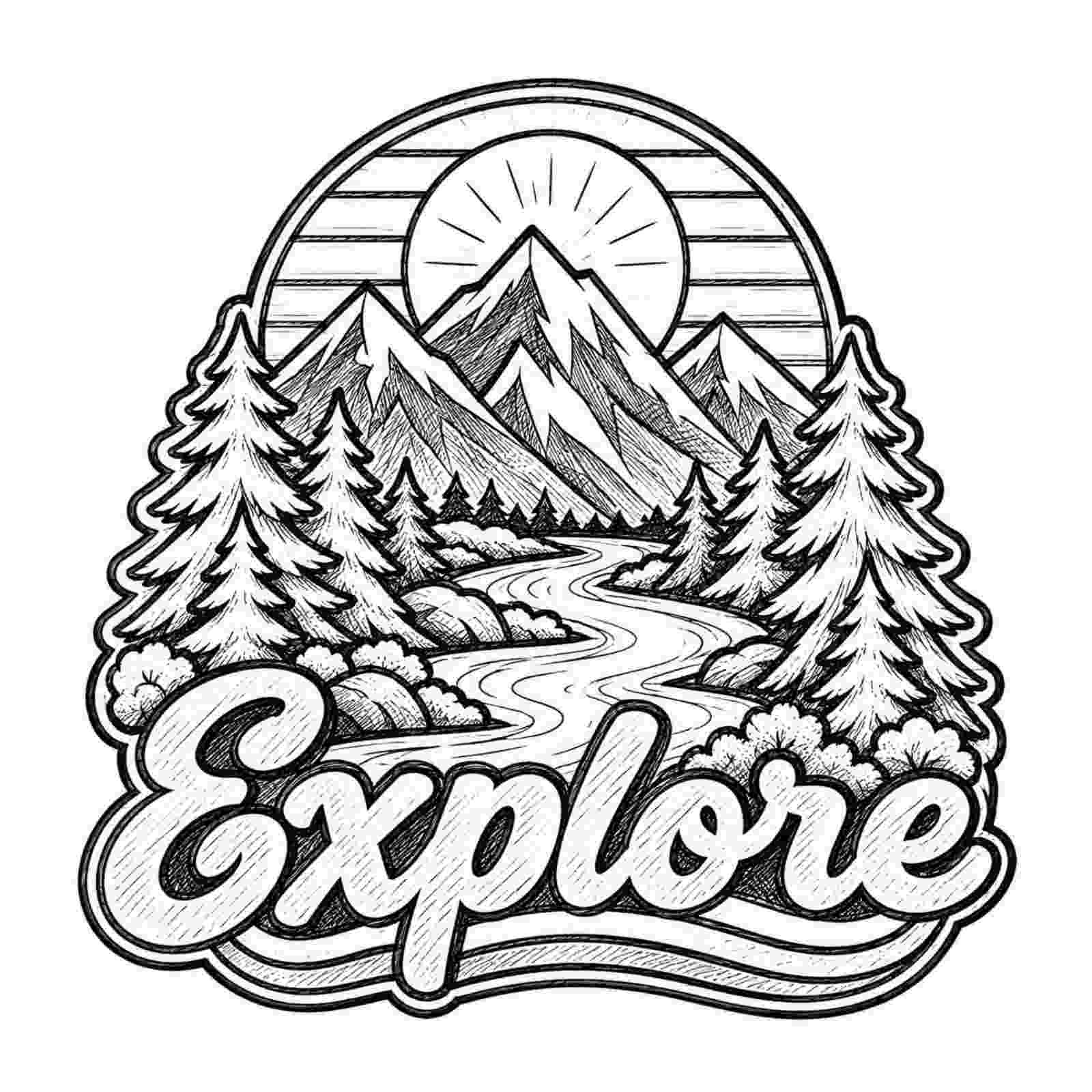 Custom embroidered Explore patch with mountain landscape and pine trees