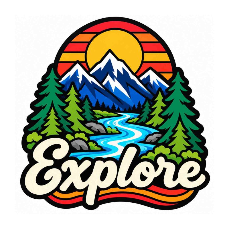 Custom embroidered Explore patch with mountain landscape and pine trees