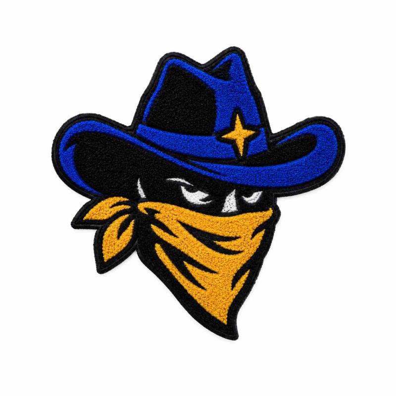 Custom embroidered cowboy outlaw mascot patch with blue hat and yellow bandana