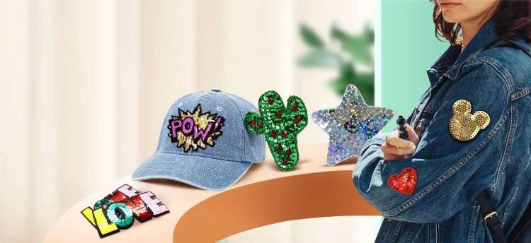 Custom sequin patch collection showcasing a decorated denim cap with a 