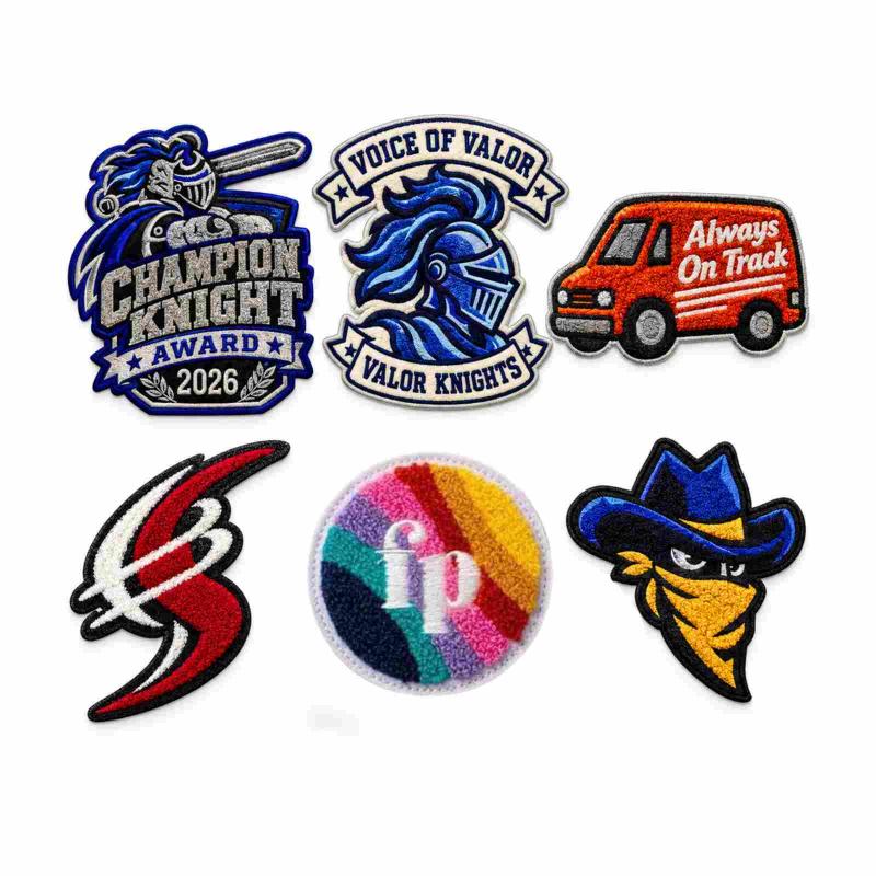 Custom embroidered and chenille patch set featuring sports and mascot designs