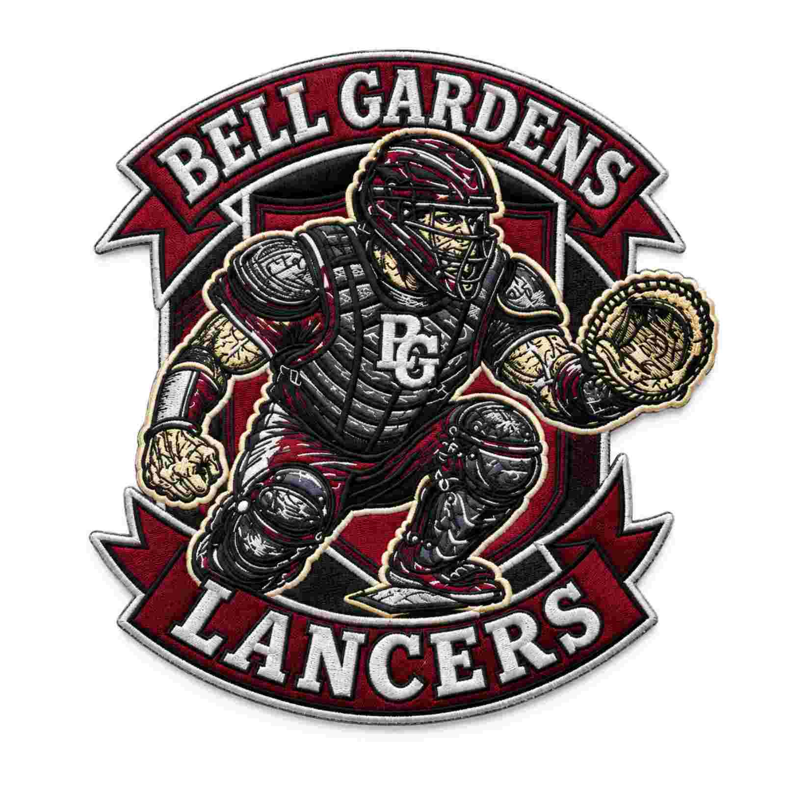 Custom embroidered Bell Gardens Lancers baseball catcher sports emblem patch