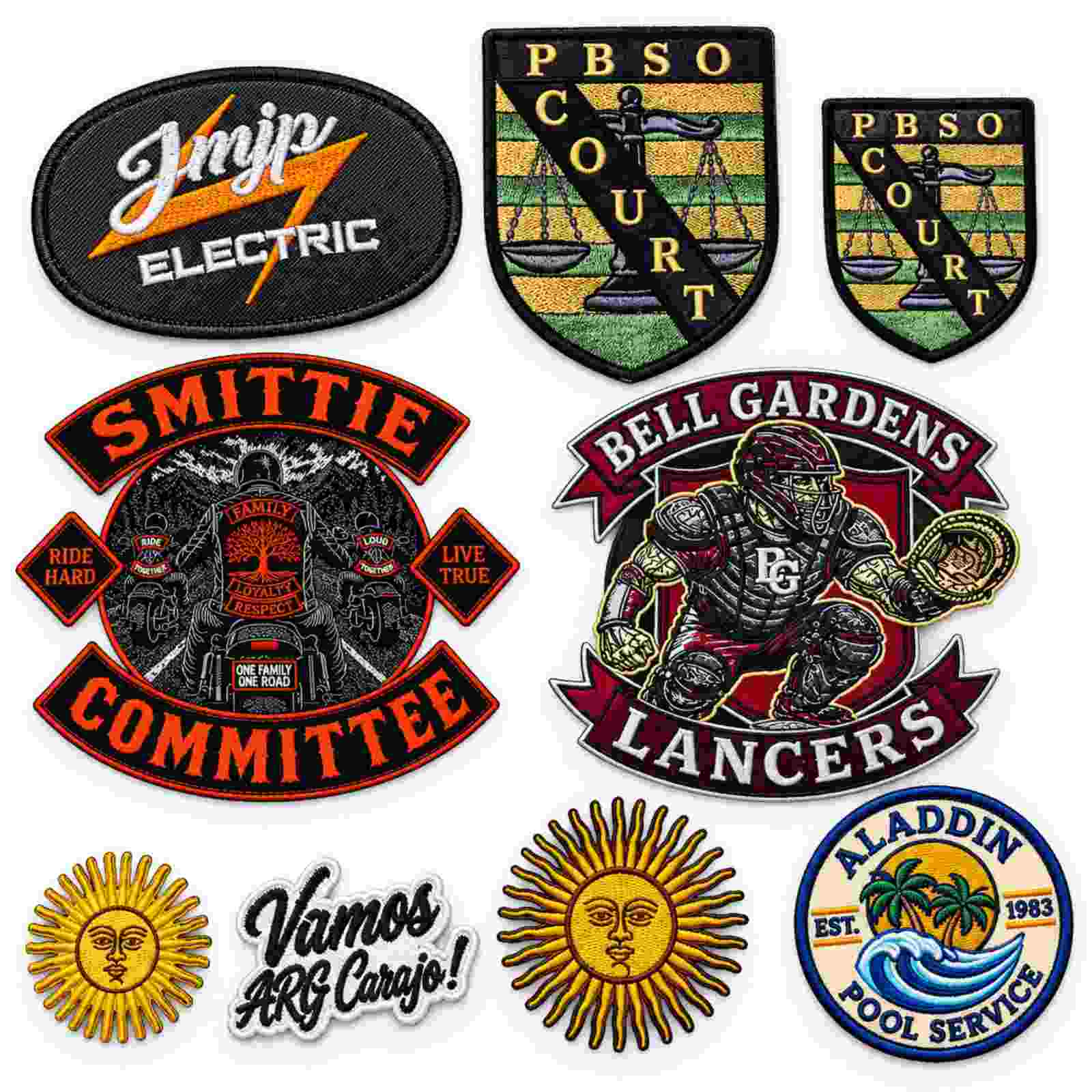 Custom patch gang sheet with Jmjp Electric, PBSO Court, and Lancers patches