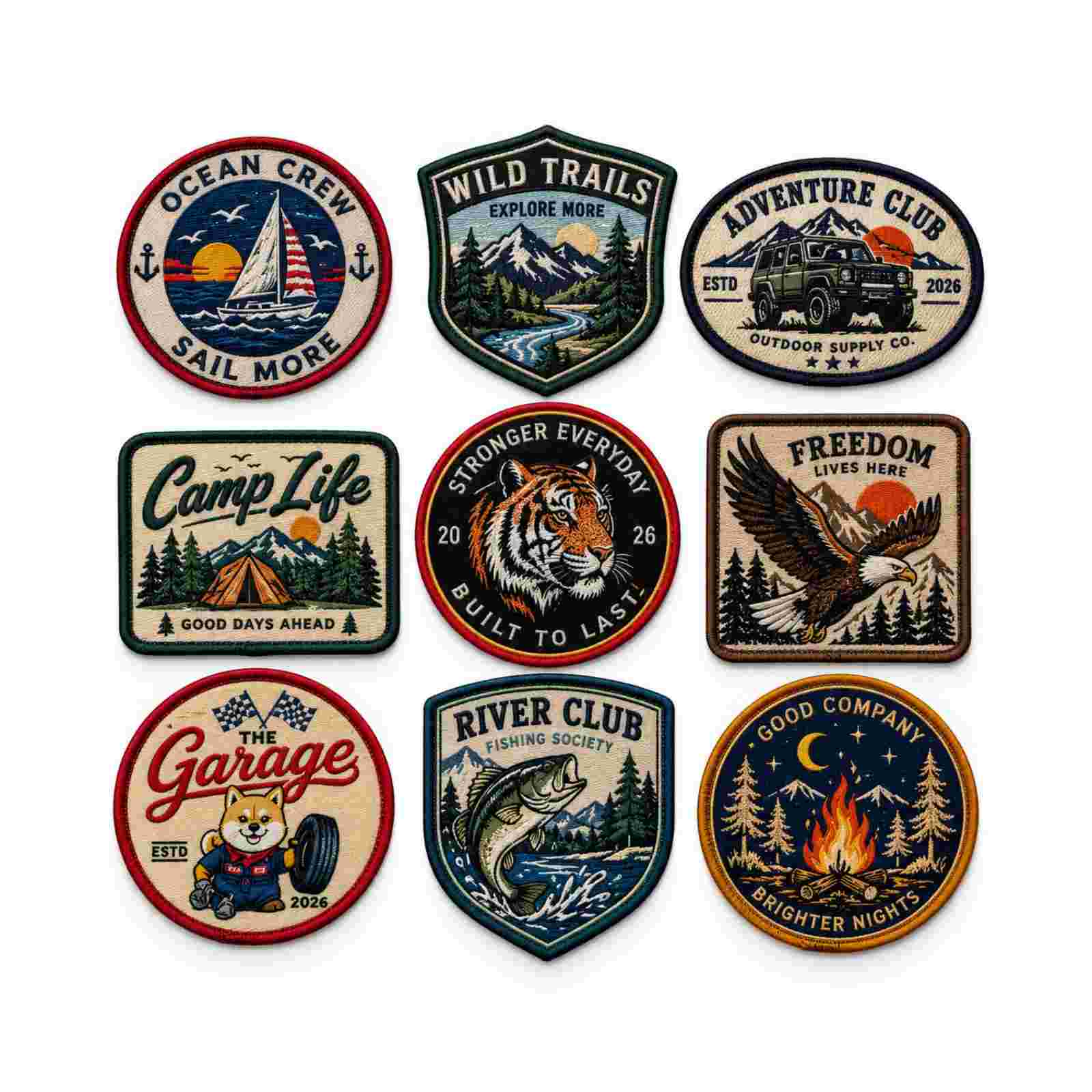 Custom patch collection gang sheet with outdoor, sports, and mascot designs