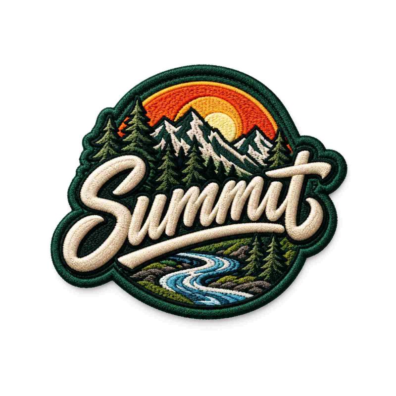 Custom embroidered Summit patch with mountain landscape and flowing river