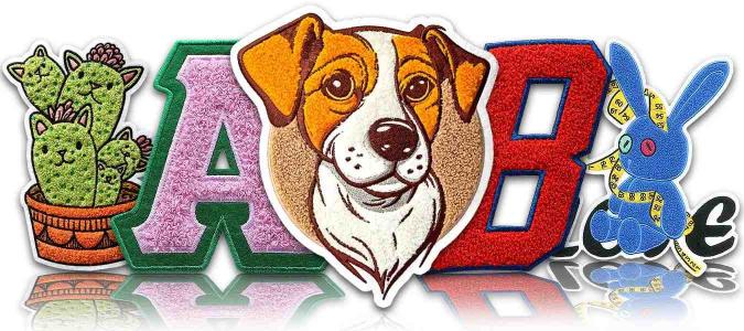Custom chenille varsity letters, dog portrait, and mascot patches banner