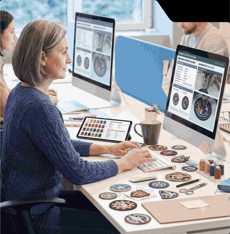 Graphic designer working on custom patch mockups at dual-monitor desk