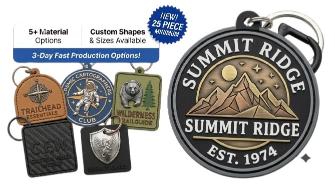 Custom circular Summit Ridge Est. 1974 mountain badge patch and keychains