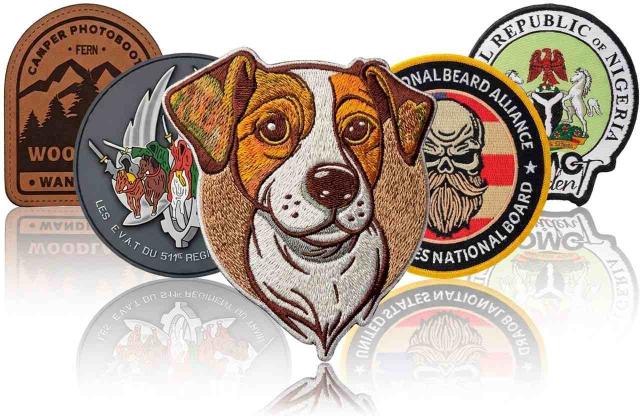 Custom embroidered Jack Russell terrier dog portrait patch surrounded by emblems
