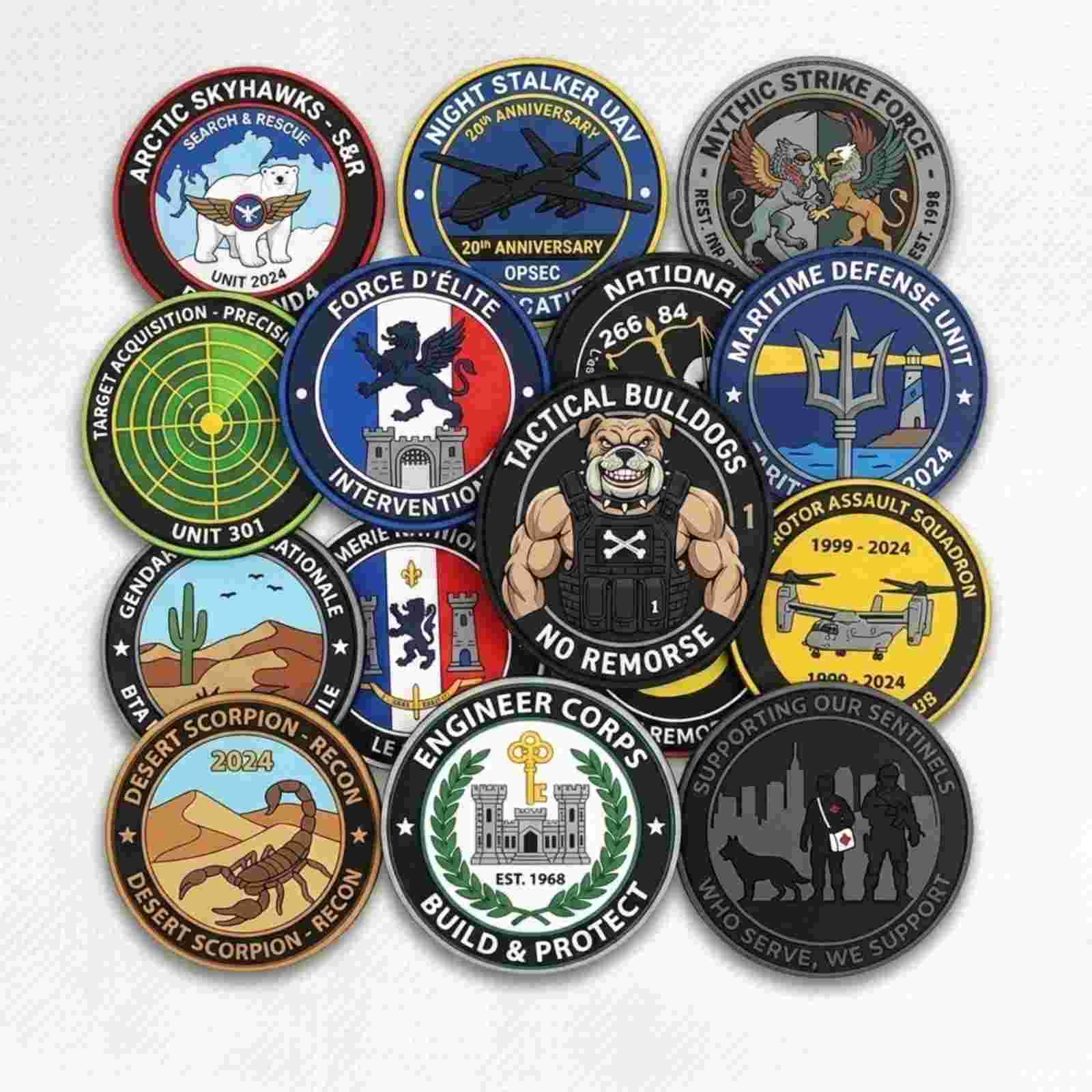 Custom embroidered tactical and military morale patch gang sheet layout