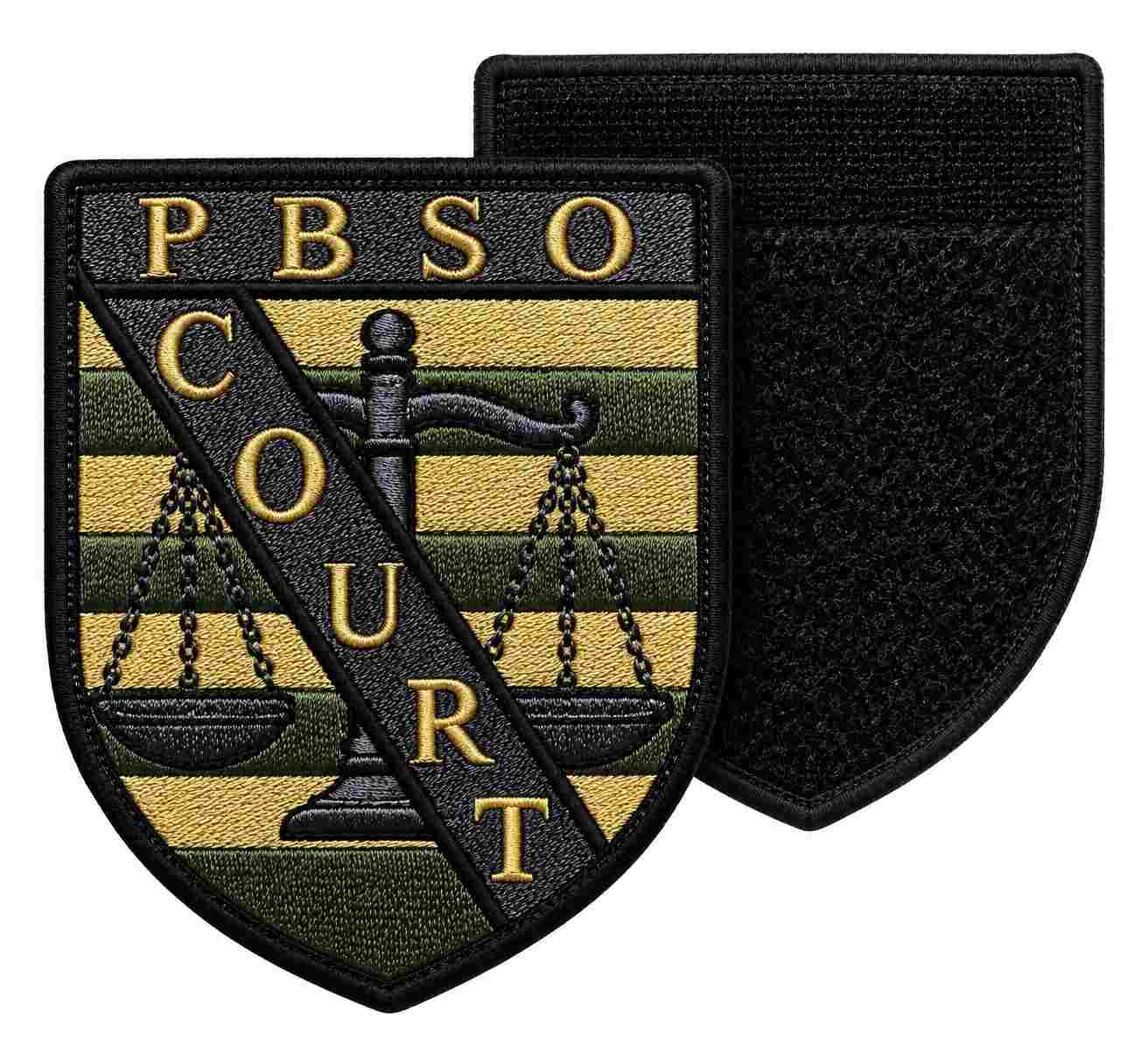 Custom embroidered PBSO Court shield patch with gold scales of justice