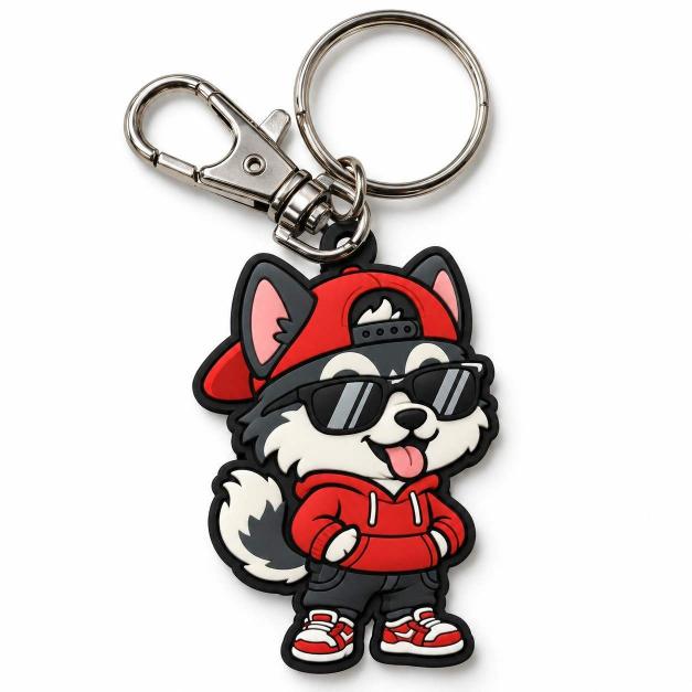 Custom PVC husky dog mascot keychain wearing red hoodie and sunglasses