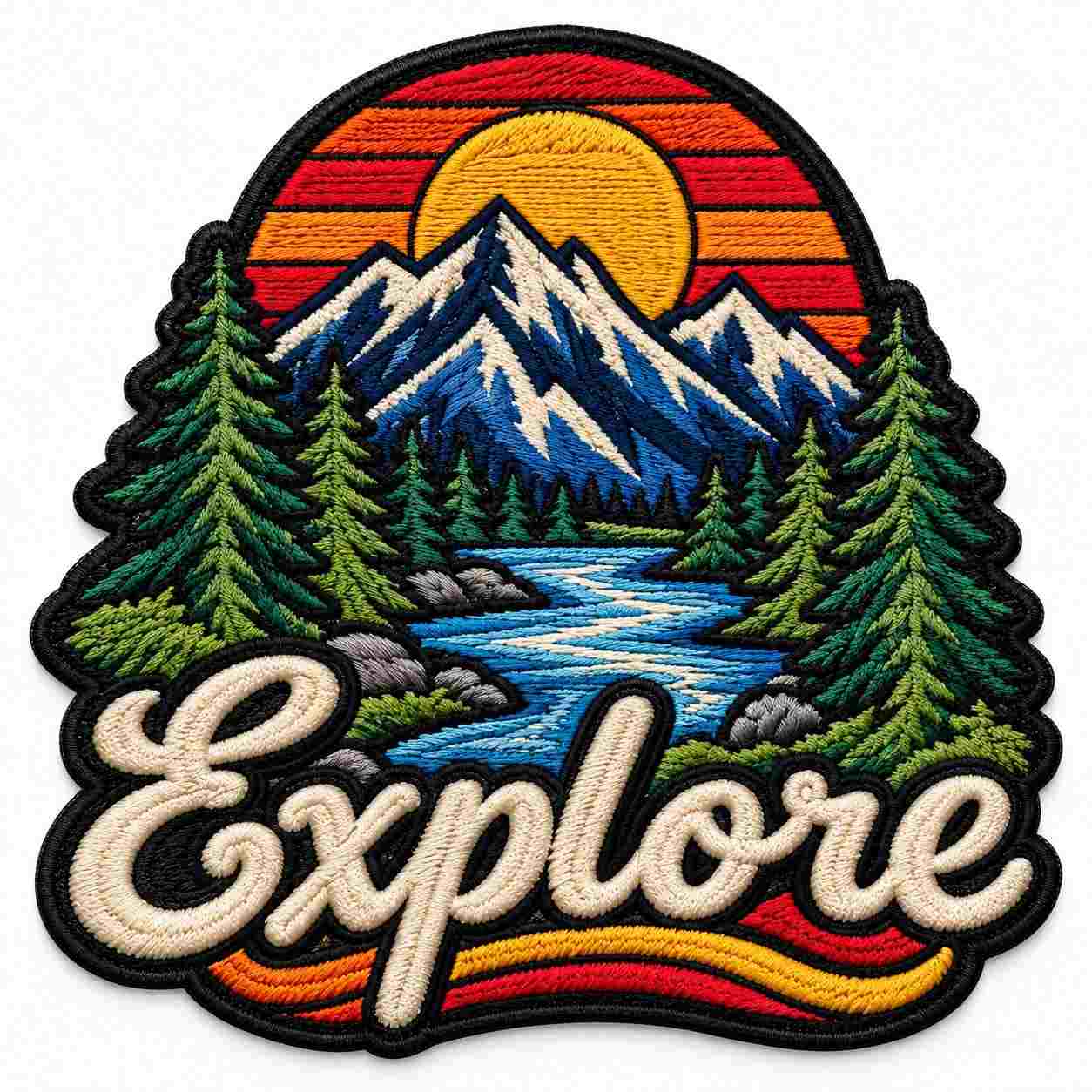 Custom embroidered Explore patch with snow-capped mountain and orange sunset