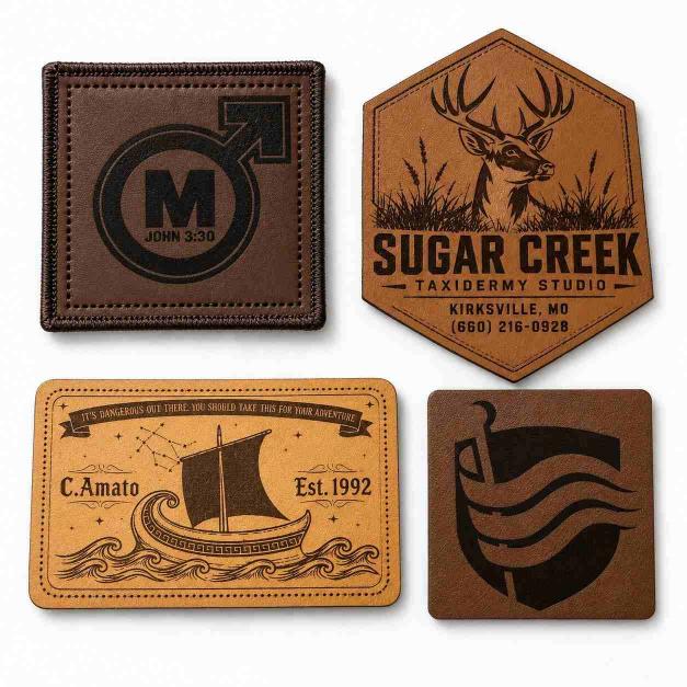 Custom engraved leather patch set with Sugar Creek Taxidermy and boat emblem