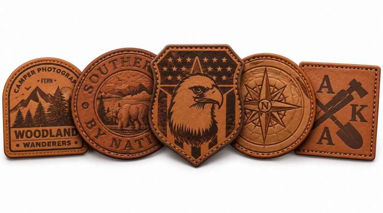 Custom engraved leather patch banner with eagle, compass, and outdoor emblems