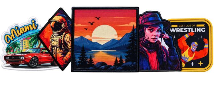 Custom sublimated patch collection with Miami retro, astronaut, and wrestling designs