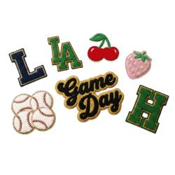 Embroidered patch gang sheet with varsity letters, baseball, and Game Day text.