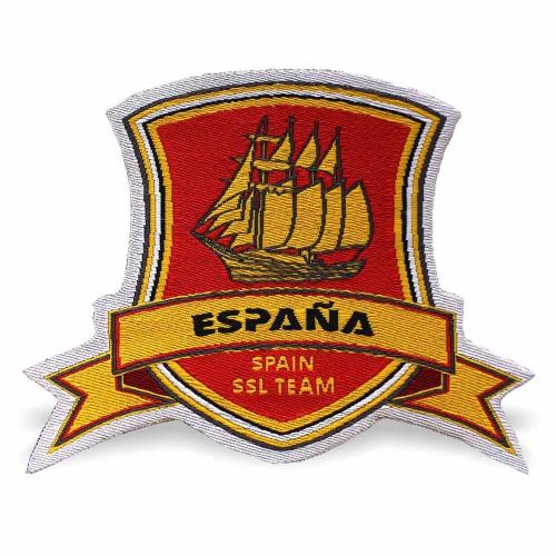 Custom woven red shield patch featuring a golden Spanish galleon ship crest