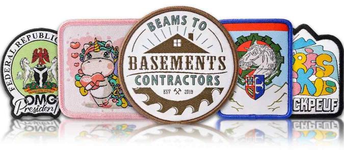 Custom woven patch set featuring Basements Contractors and crest emblems