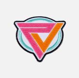 Custom embroidered inverted triangle shield patch with pink and orange V