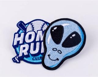 Custom embroidered Home Run Club baseball patch and light blue alien patch