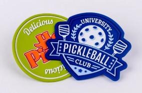 Custom PVC University Pickleball Club shield and Delicious Pizza patches